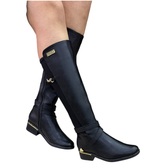 Bota media caña Allison Negra tipo cuero licrada