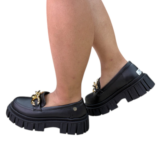 Zapato mocasín plataforma Negro acabado tipo cuero Antifaz Cadena