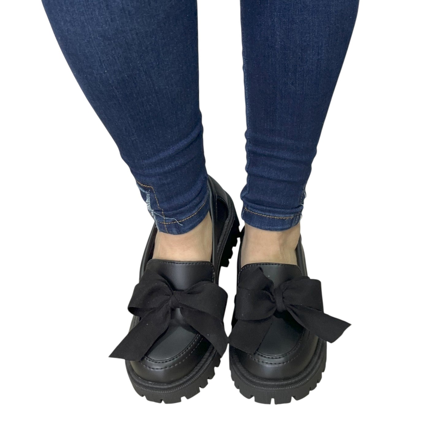 Zapato mocasín plataforma Negro acabado tipo cuero Antifaz Moño