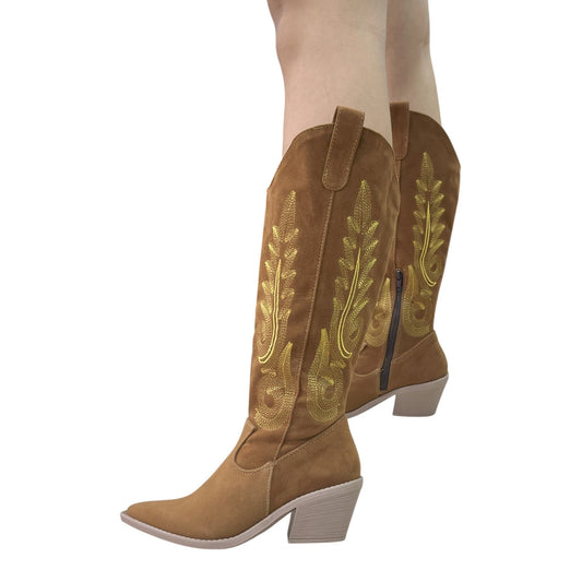 Bota Texana Miel Gamuza Caña Alta – Tacón 5.5 cm