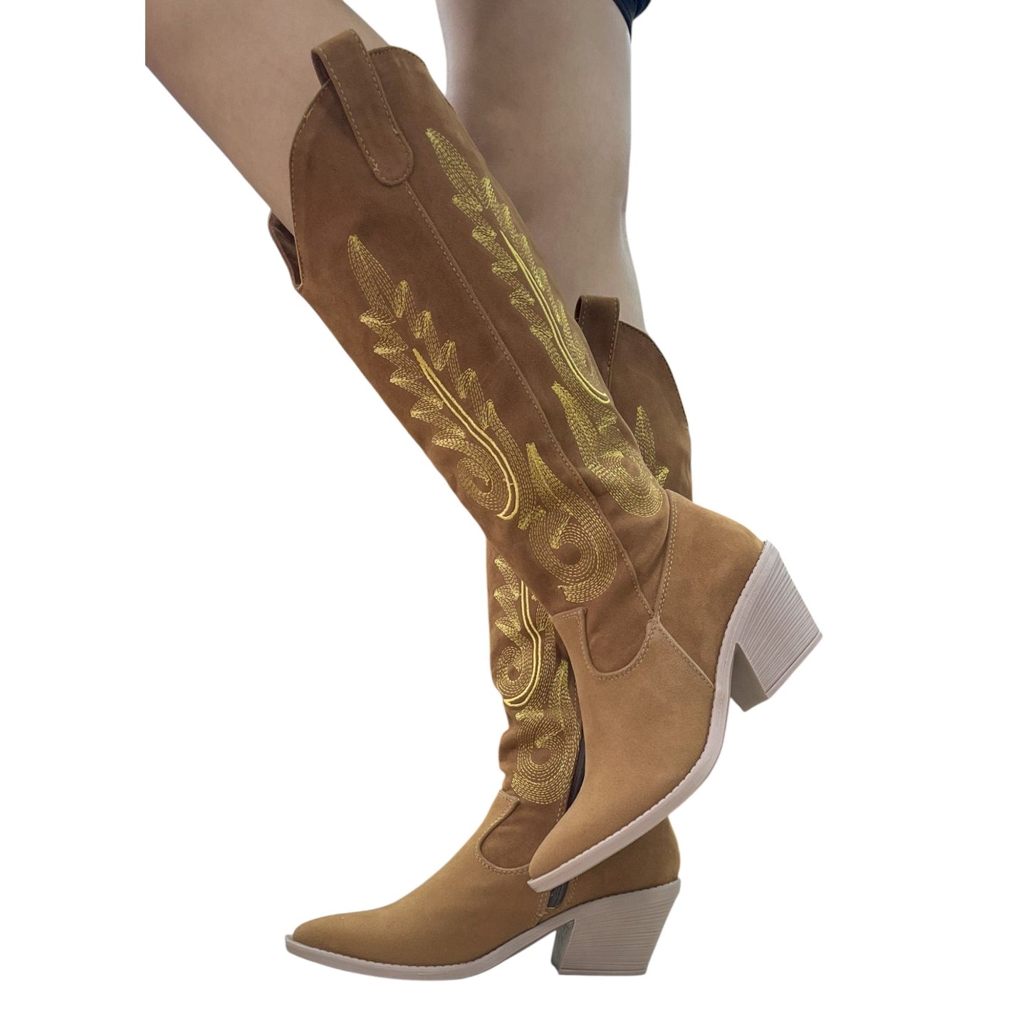 Bota Texana Miel Gamuza Caña Alta – Tacón 5.5 cm