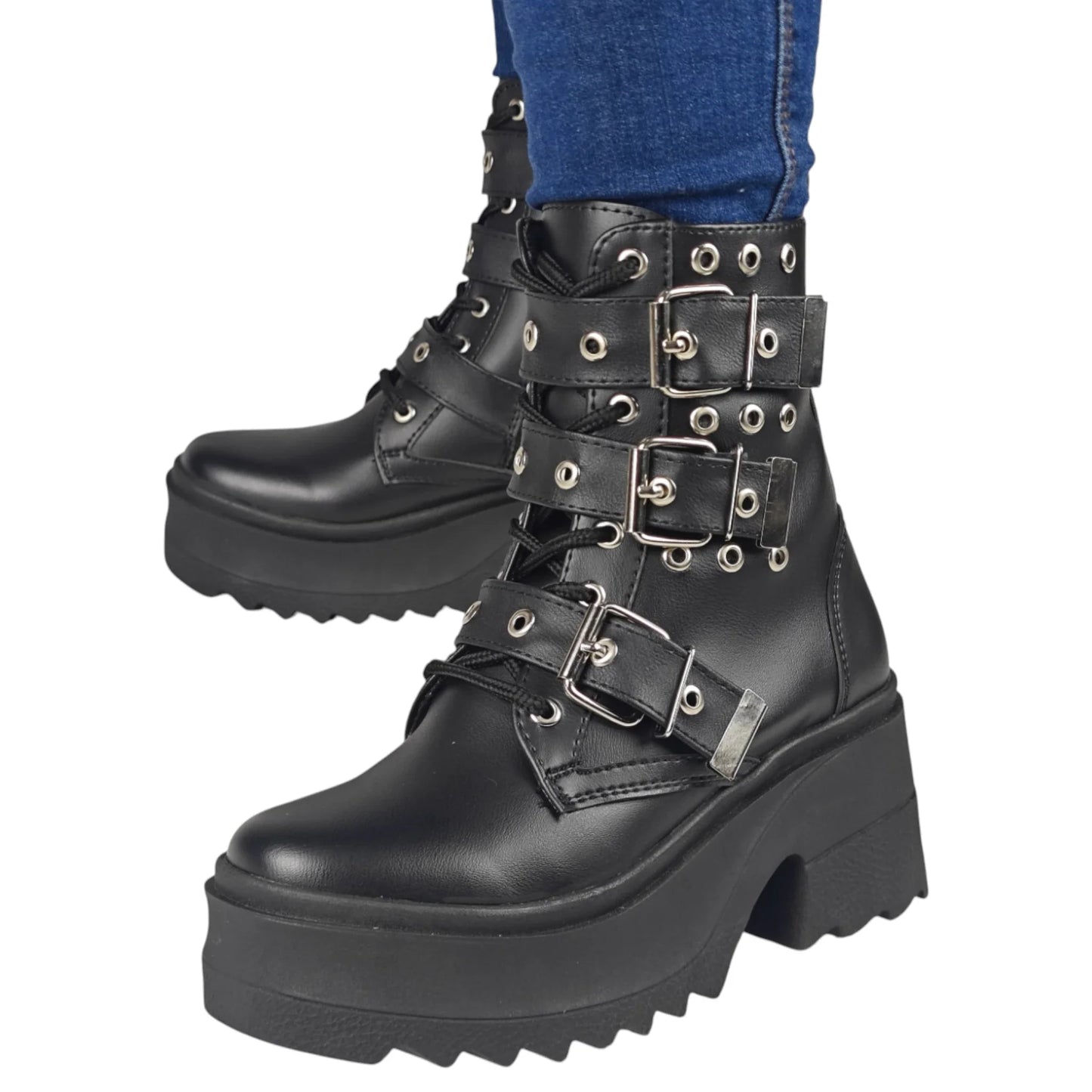 BOTIN PLANO CORDONES METACHA NEGRO CON HEBILLA