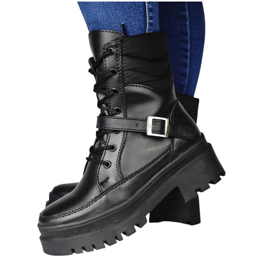 BOTIN PLANO CORDONES TROYA NEGRO CON HEBILLA