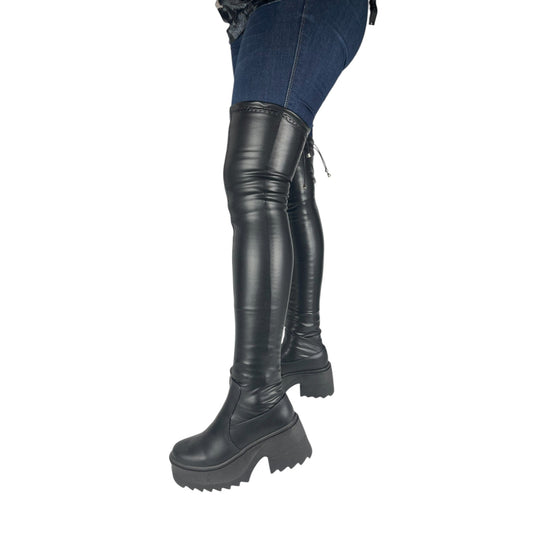 Bota plataforma mujer caña extralarga stretch tipo cuero negro – Ref. Celeste plataforma