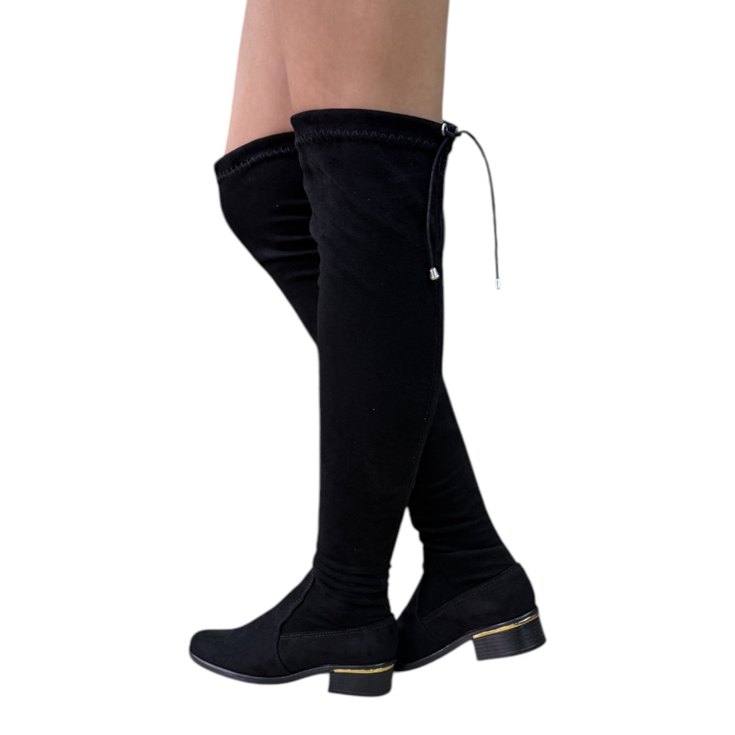 Bota plana mujer caña extralarga stretch gamuza negro – Ref. celeste plana