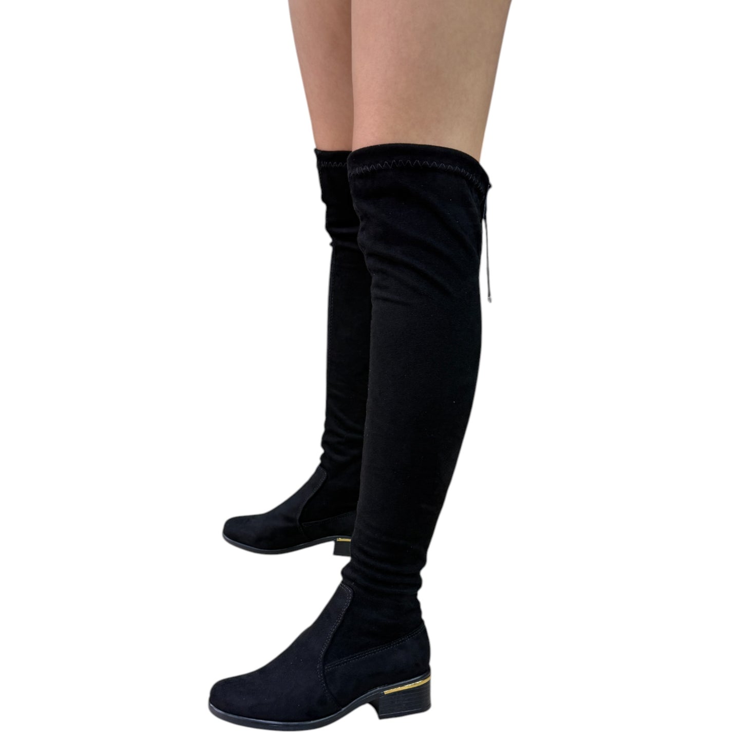 Bota plana mujer caña extralarga stretch gamuza negro – Ref. celeste plana