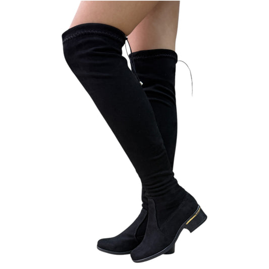 Bota plana mujer caña extralarga stretch gamuza negro – Ref. celeste plana