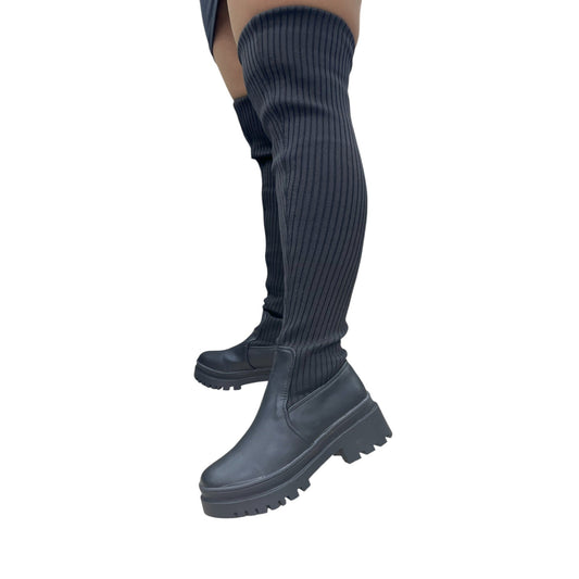 Bota plataforma mujer caña extralarga tejido negro – Ref. celeste tejido