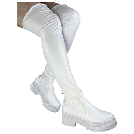 Bota plataforma mujer caña alta stresh blanco base cuero – Ref. Celeste Strong
