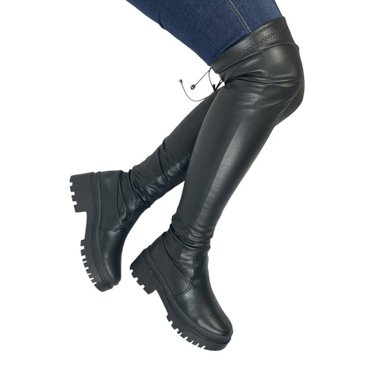 Bota plataforma mujer caña alta stresh negro base cuero – Ref. Celeste Strong