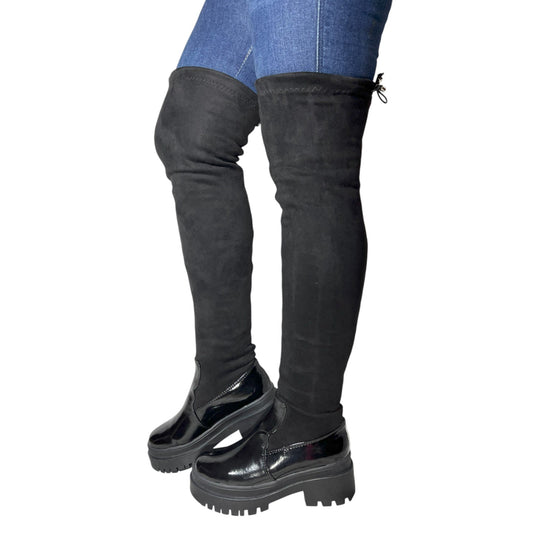 Bota plataforma mujer caña alta stresh gamuza con charol negra – Ref. Celeste Strong