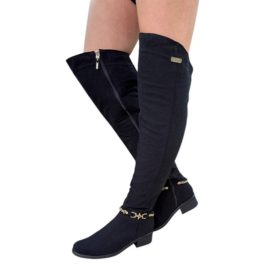 Bota alta caña extralarga tacón 3.5 negro gamuza – Ref. Mafe