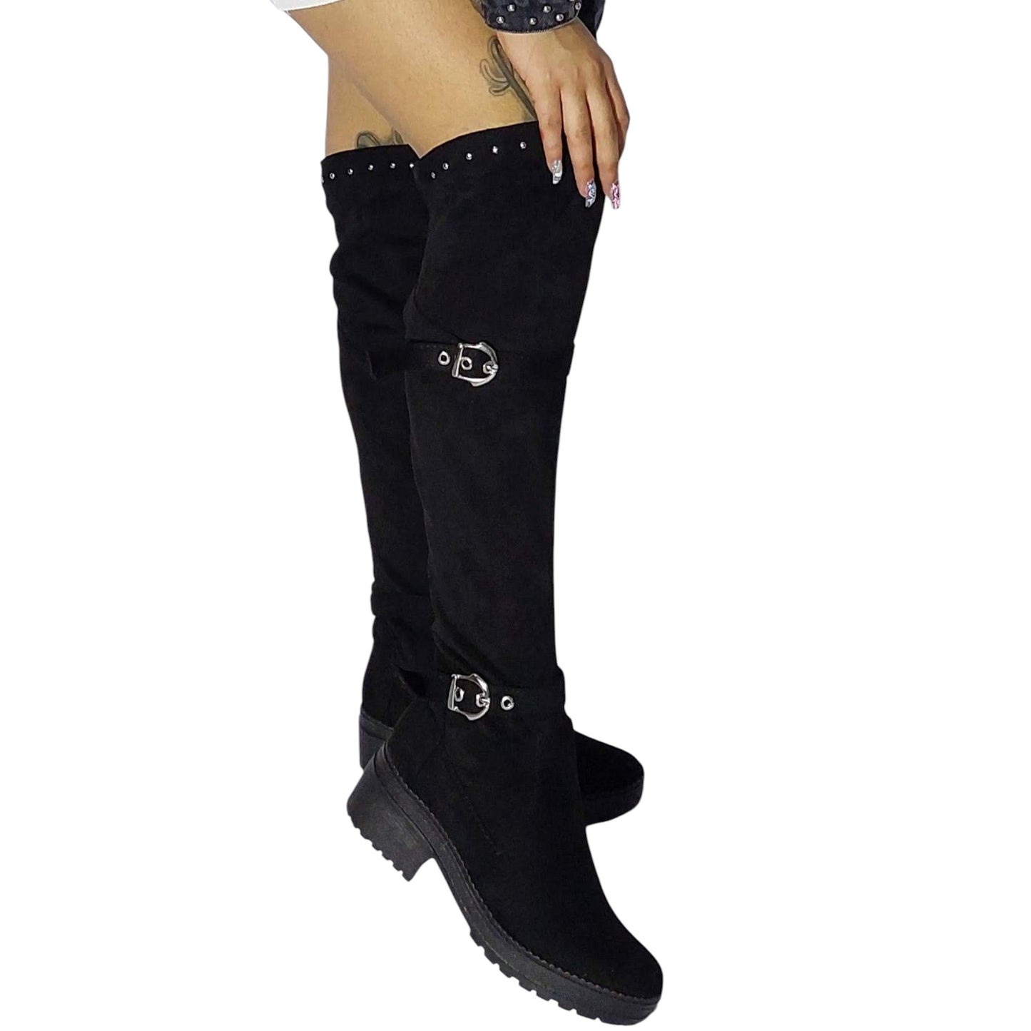 Bota alta negra gamuza stresh tacón 3.5 – Ref. Paola