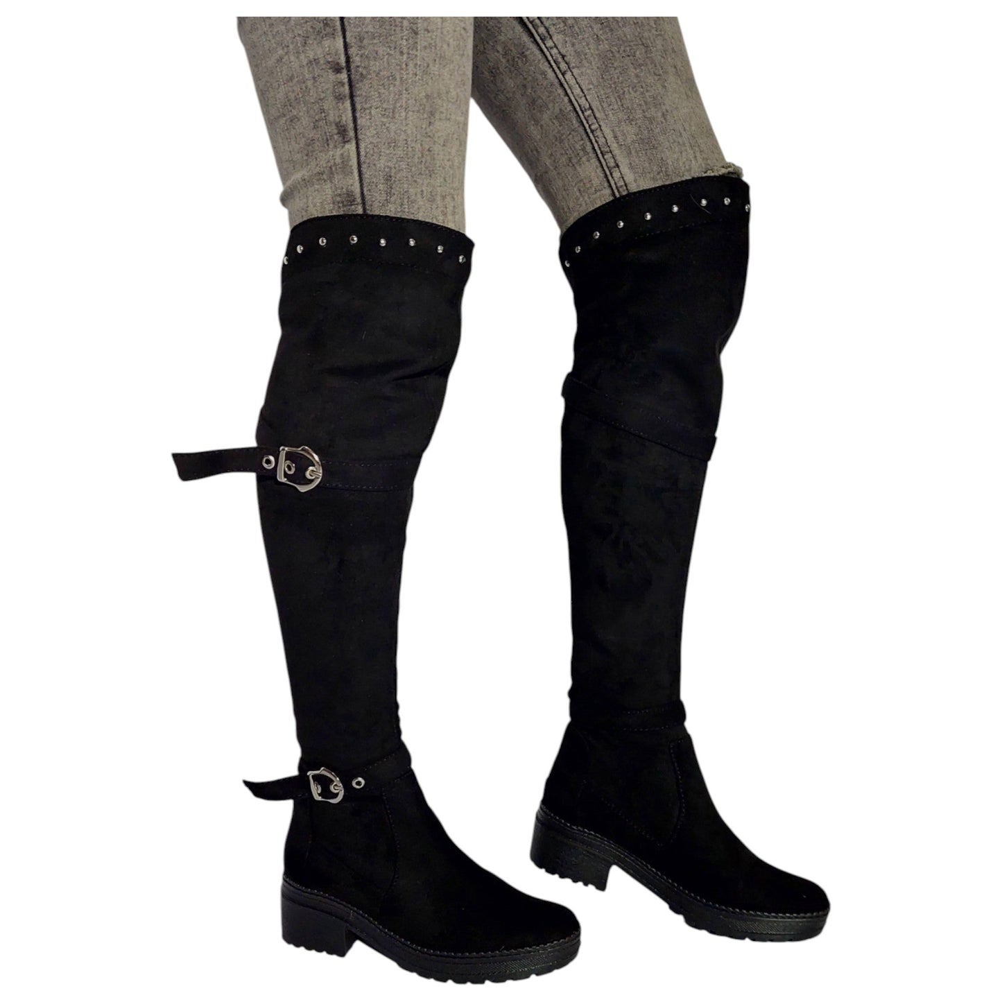 Bota alta negra gamuza stresh tacón 3.5 – Ref. Paola