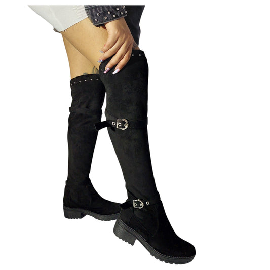 Bota alta negra gamuza stresh tacón 3.5 – Ref. Paola