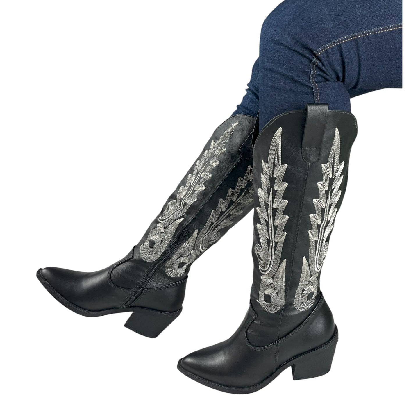 Bota media caña Negro acabado tipo cuero Texana Base Cuero Blanco