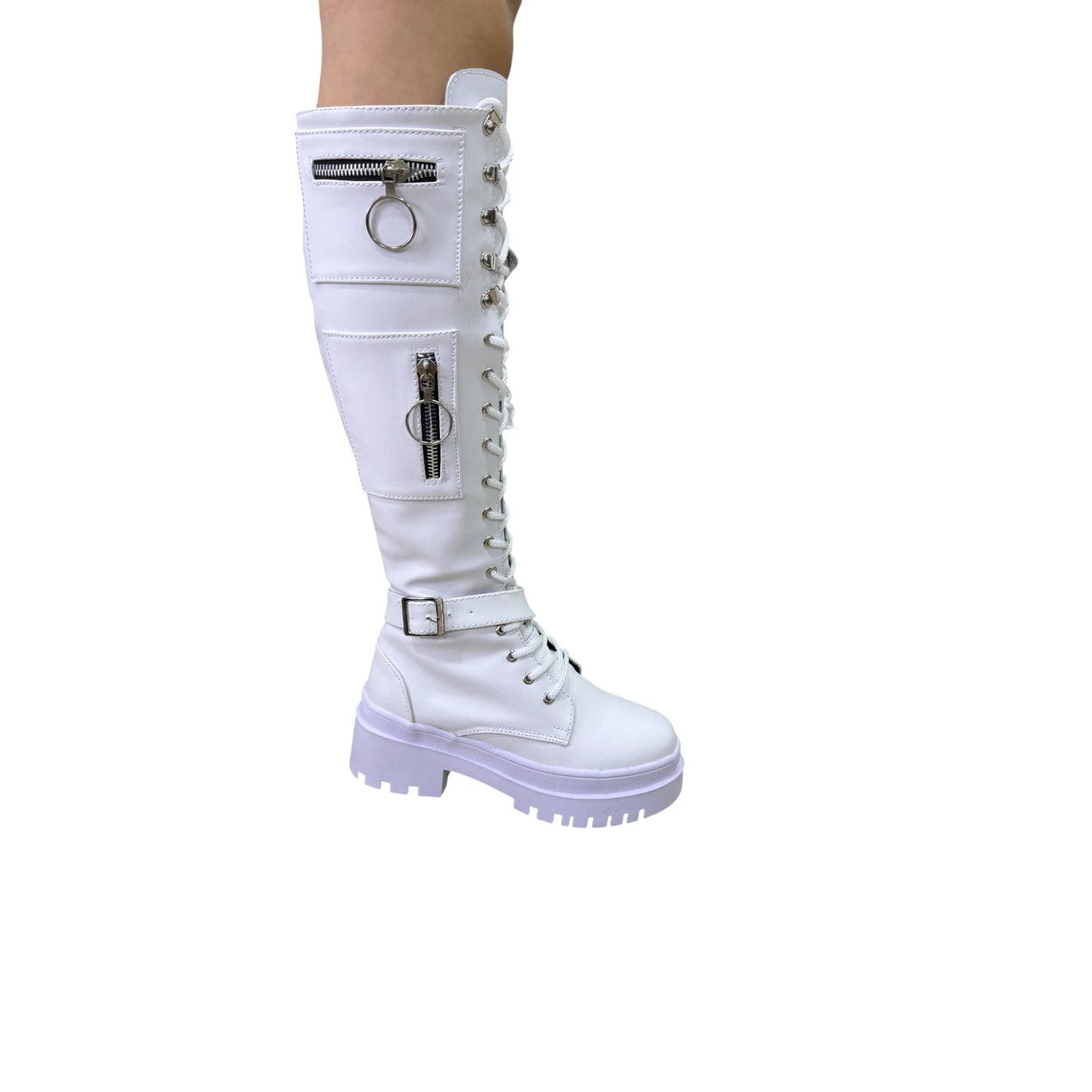 Bota alta plataforma 1.5 cordones blanco base cuero – Ref. Guadalupe