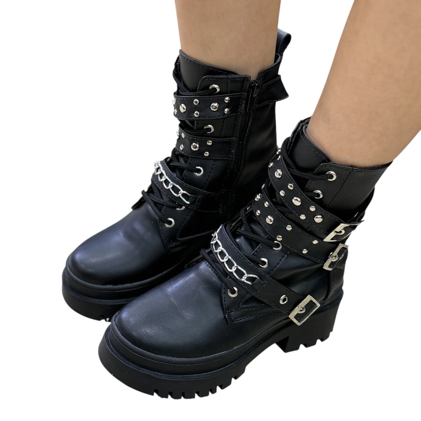 BOTIN PLANO CORDONES SUECIA CORREAS NEGRO CON CADENA