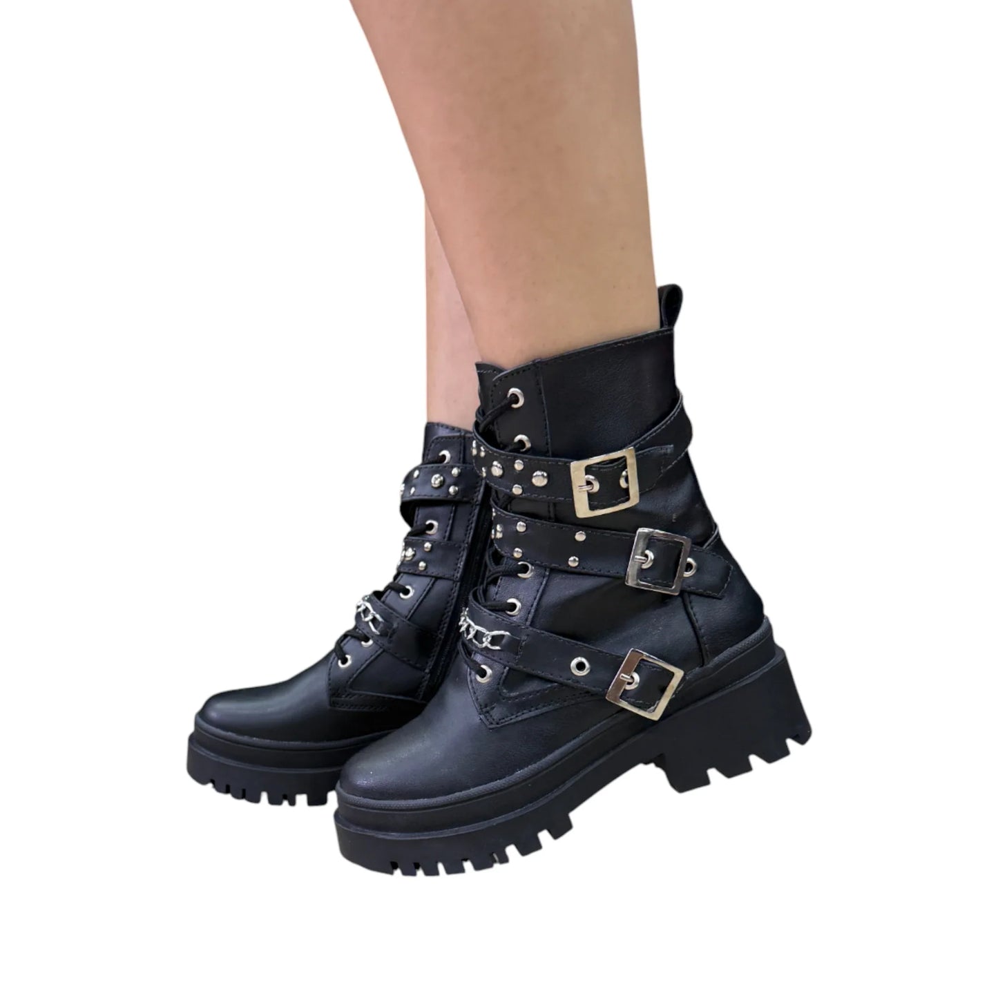 BOTIN PLANO CORDONES SUECIA CORREAS NEGRO CON CADENA