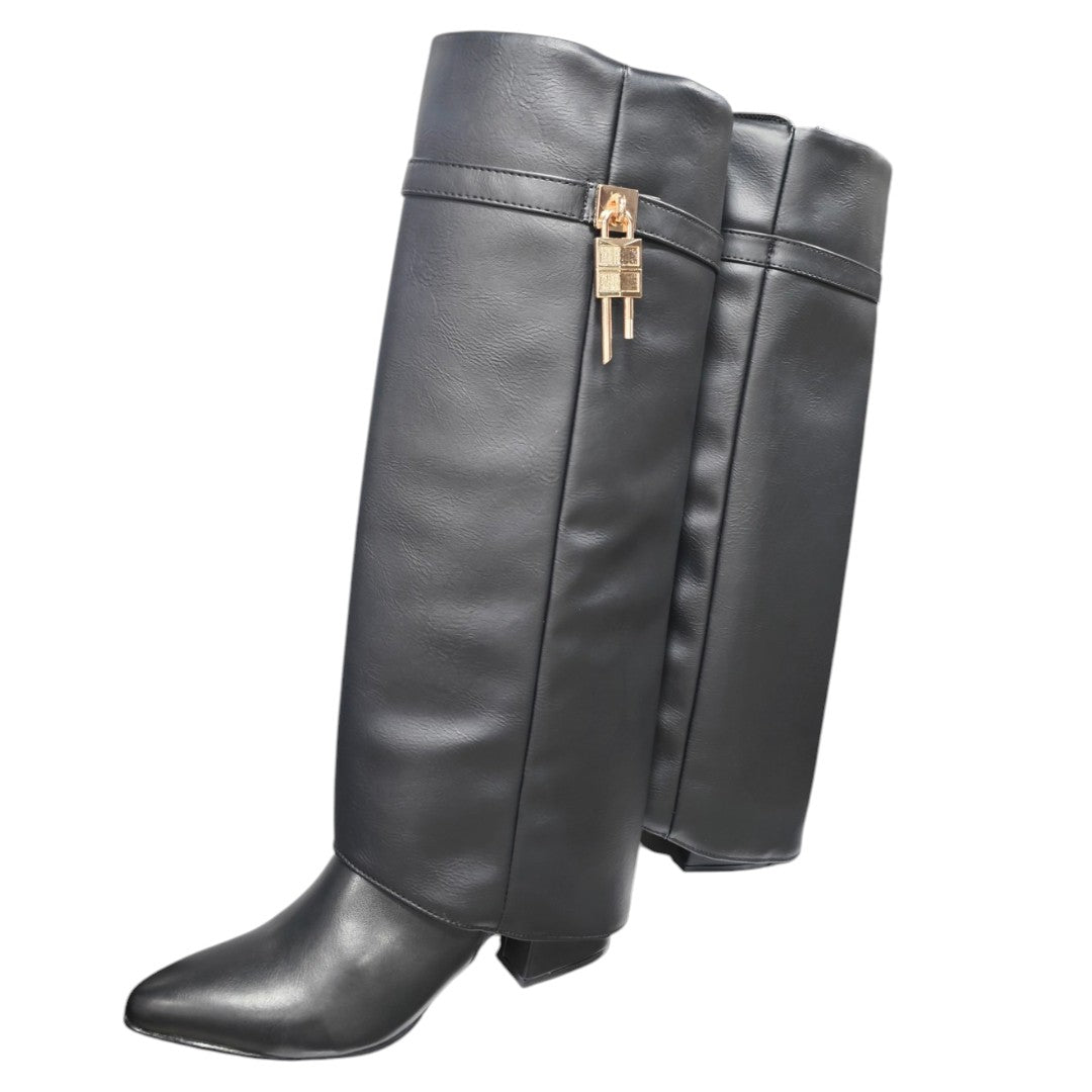Bota Alta Luna Capota Negra Tacón 5.5 cm en Base Cuero lucabane