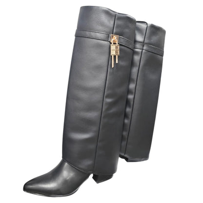 Bota Alta Luna Capota Negra Tacón 5.5 cm en Base Cuero lucabane