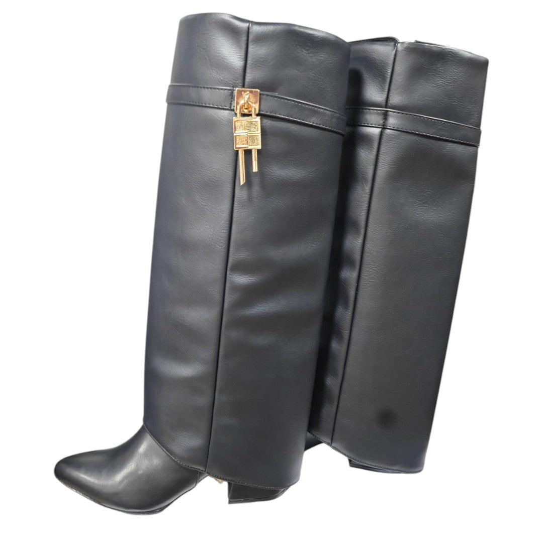 Bota Alta Luna Capota Negra Tacón 5.5 cm en Base Cuero lucabane