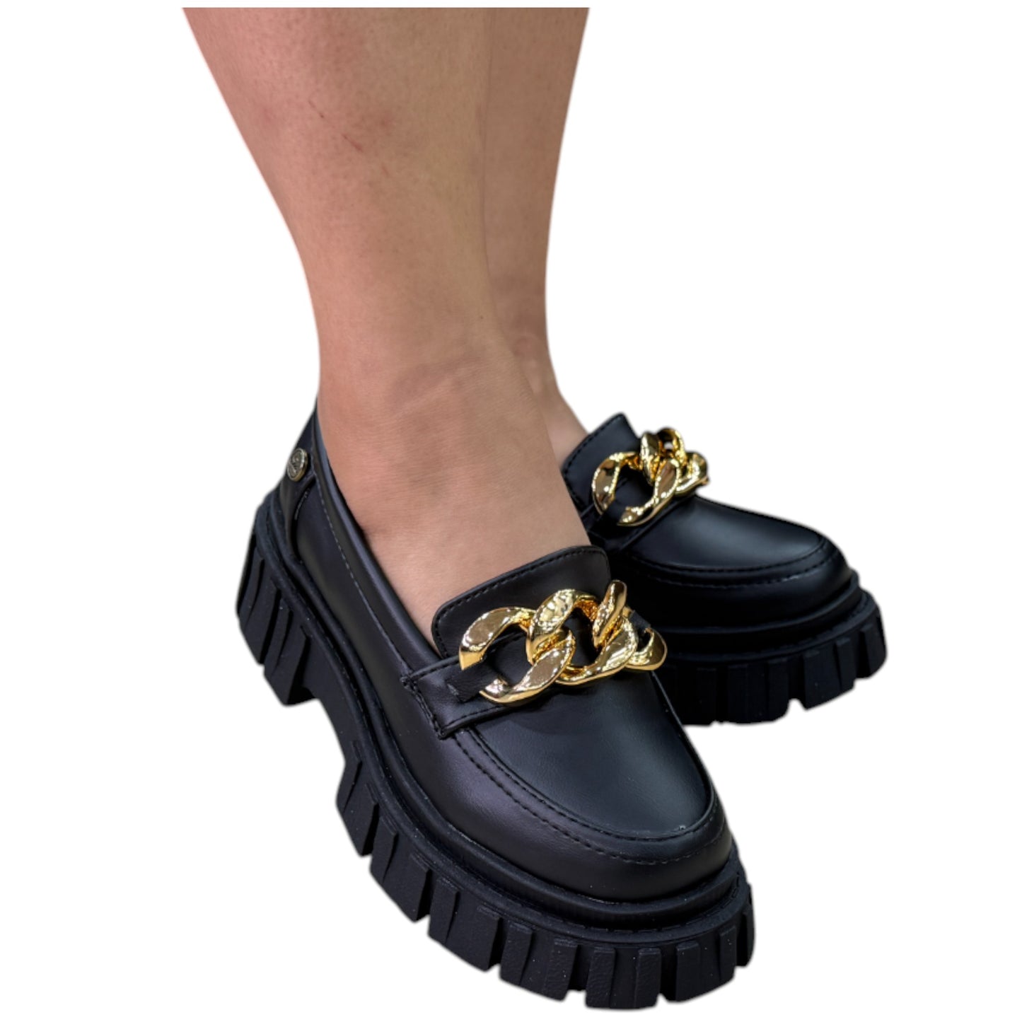 Zapato mocasín plataforma Negro acabado tipo cuero Antifaz Cadena