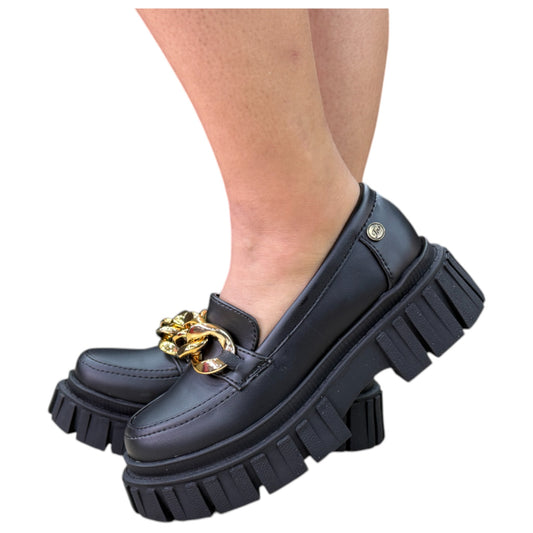 Zapato mocasín plataforma Negro acabado tipo cuero Antifaz Cadena