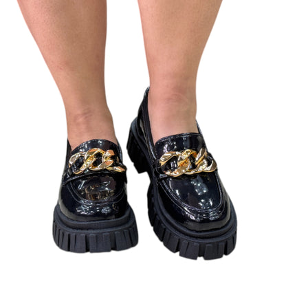 Zapato mocasín plataforma Negro charol Antifaz Cadena