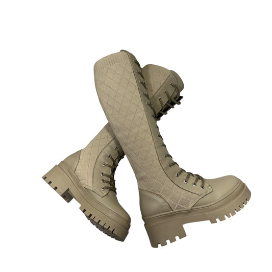 Bota media caña Beige tejido y acabado tipo cuero Militar