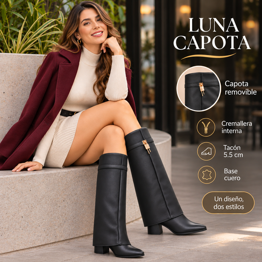 Bota Alta Luna Capota Negra Tacón 5.5 cm en Base Cuero lucabane