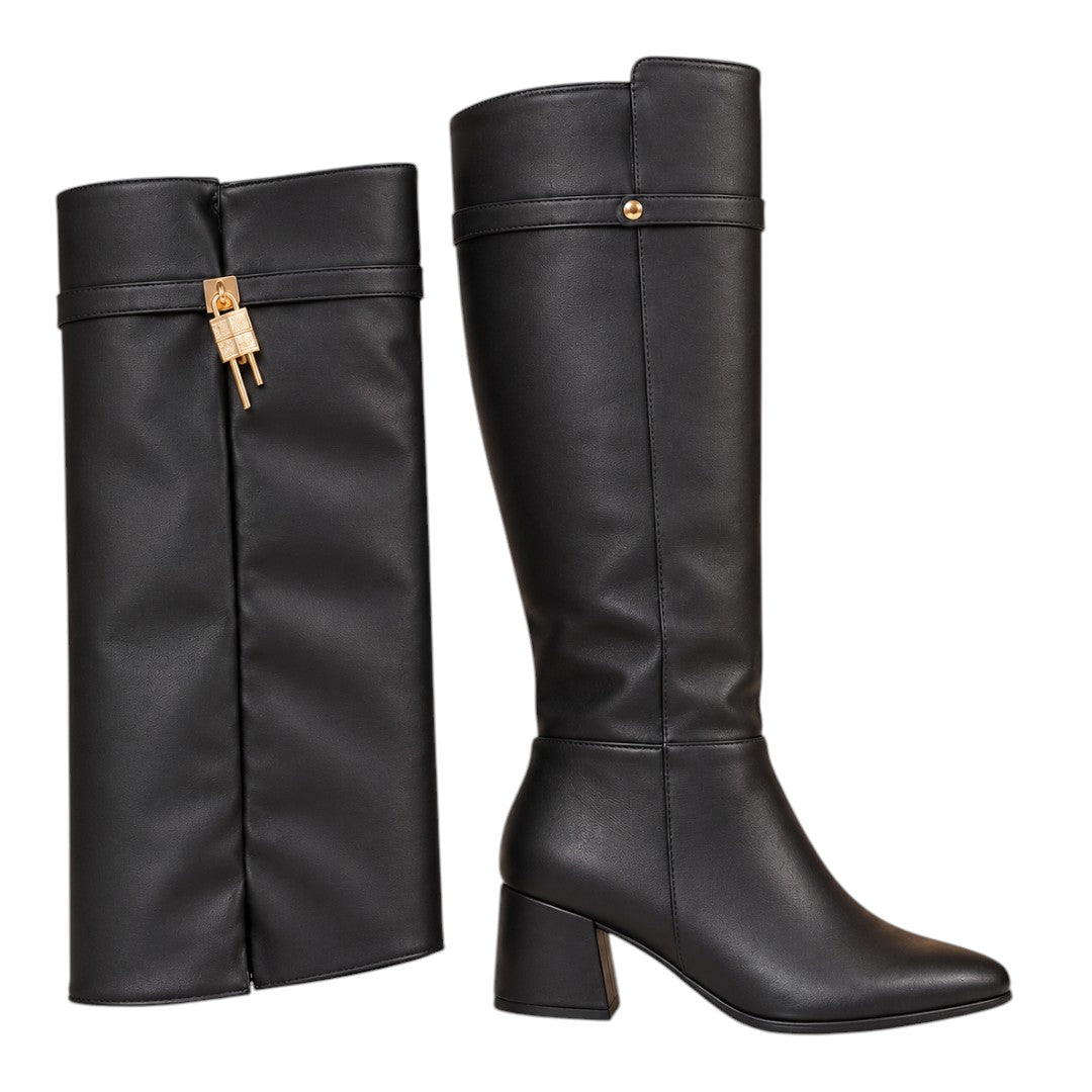 Bota Alta Luna Capota Negra Tacón 5.5 cm en Base Cuero lucabane