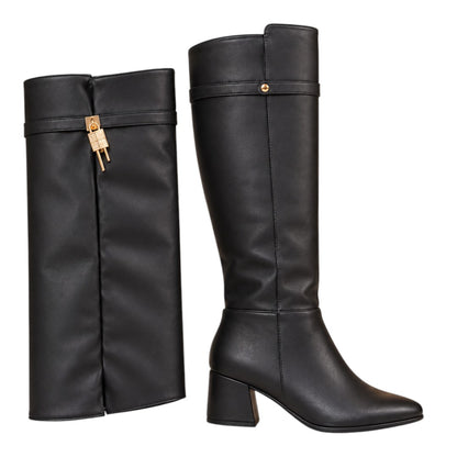 Bota Alta Luna Capota Negra Tacón 5.5 cm en Base Cuero lucabane