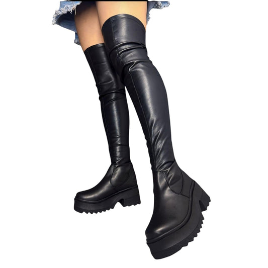 Bota plataforma mujer caña extralarga stretch tipo cuero negro – Ref. Celeste plataforma
