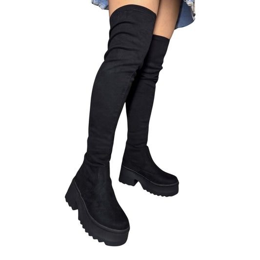 Bota plataforma mujer caña extralarga stretch gamuza negro – Ref. Celeste plataforma