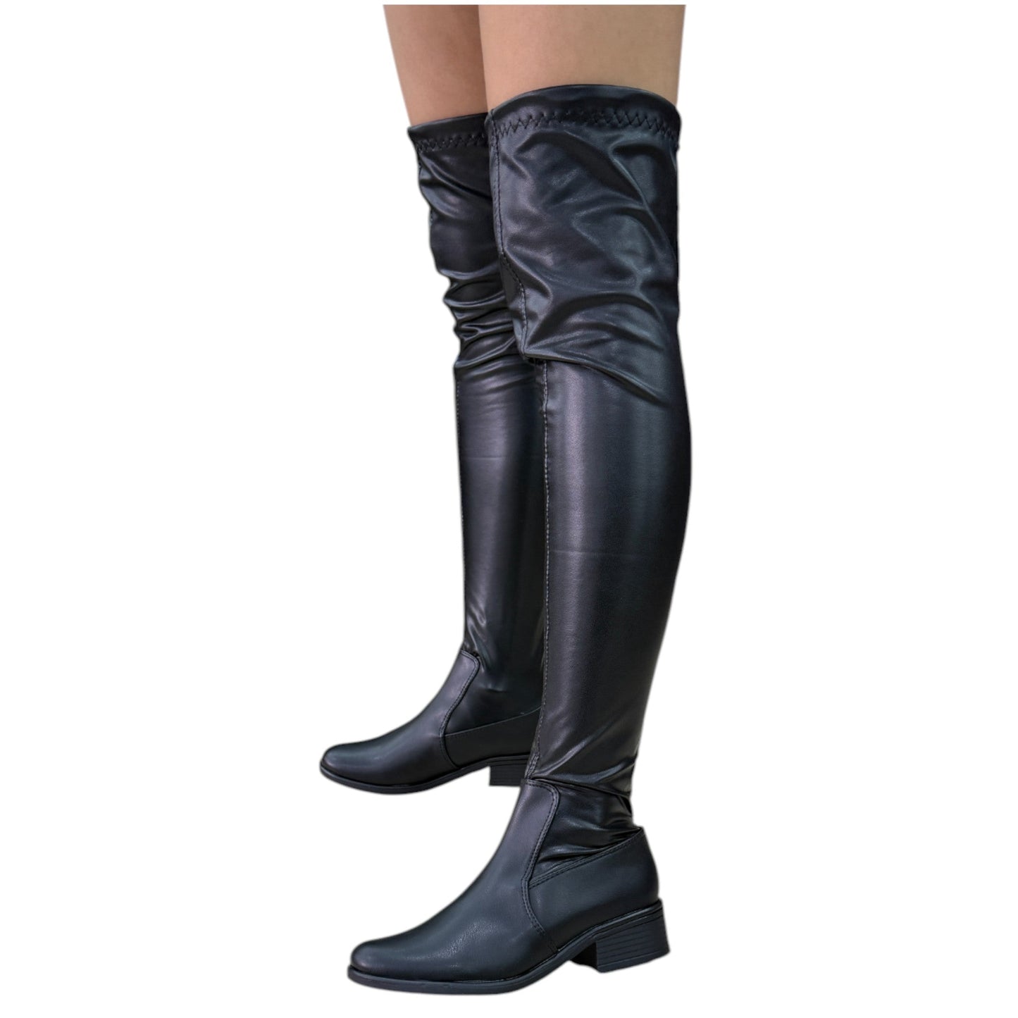 Bota plana mujer caña extralarga stretch tipo cuero negro – Ref. celeste plana