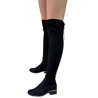 Bota plana mujer caña extralarga stretch gamuza negro – Ref. celeste plana