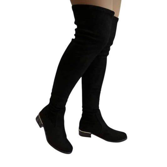 Bota plana mujer caña extralarga stretch gamuza negro – Ref. celeste plana