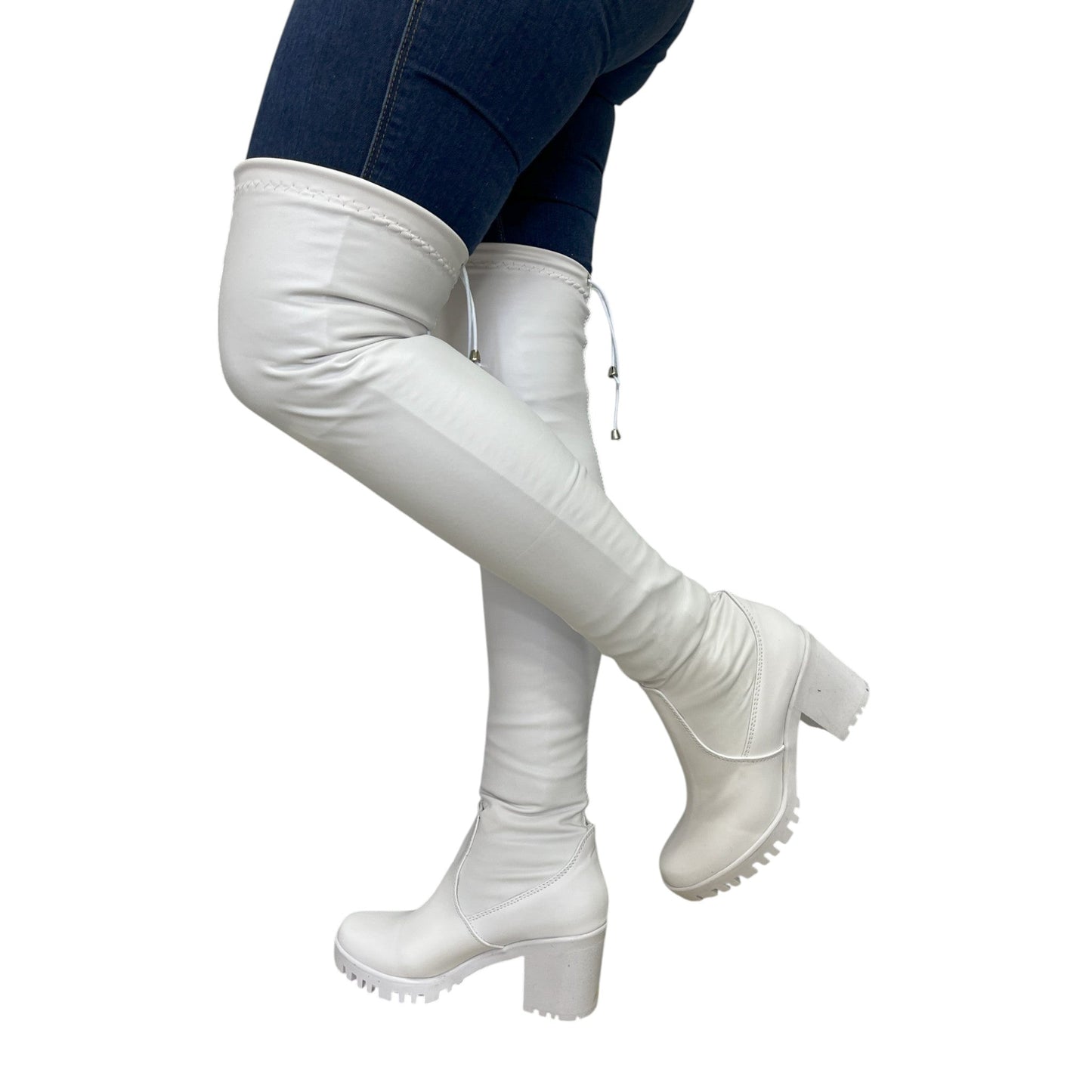 Bota extralarga Blanca acabado tipo cuero y licra stretch Celeste