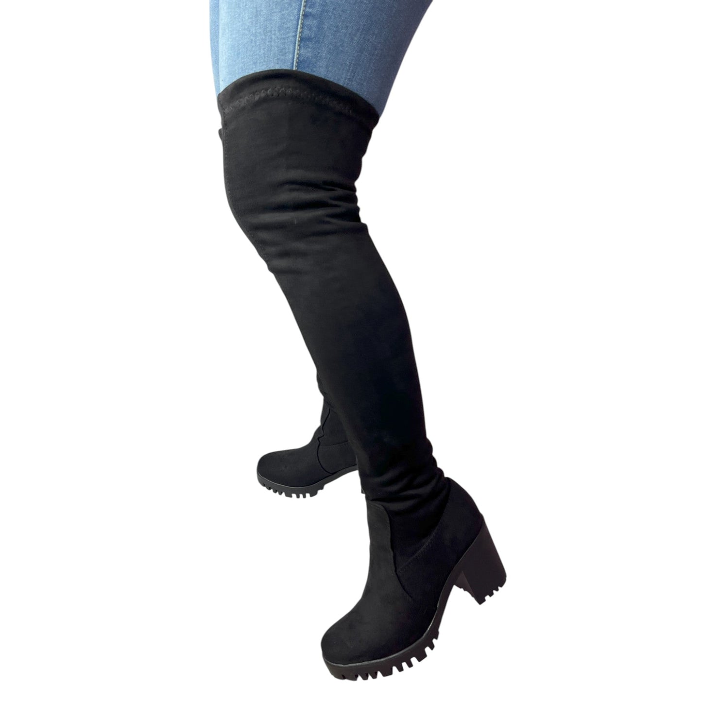 Bota extralarga Negra gamuza y licra stretch Celeste