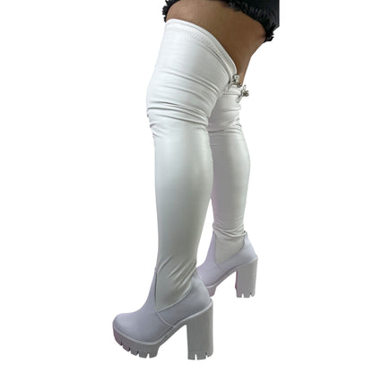 Bota extralarga Blanca acabado tipo cuero y licra stretch Celeste 7.5