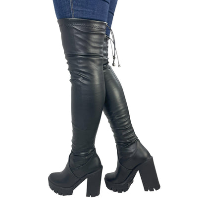Bota extralarga Negra acabado tipo cuero y licra stretch Celeste 7.5