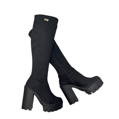 Bota caña alta Negra licra stretch Celeste corta 7.5