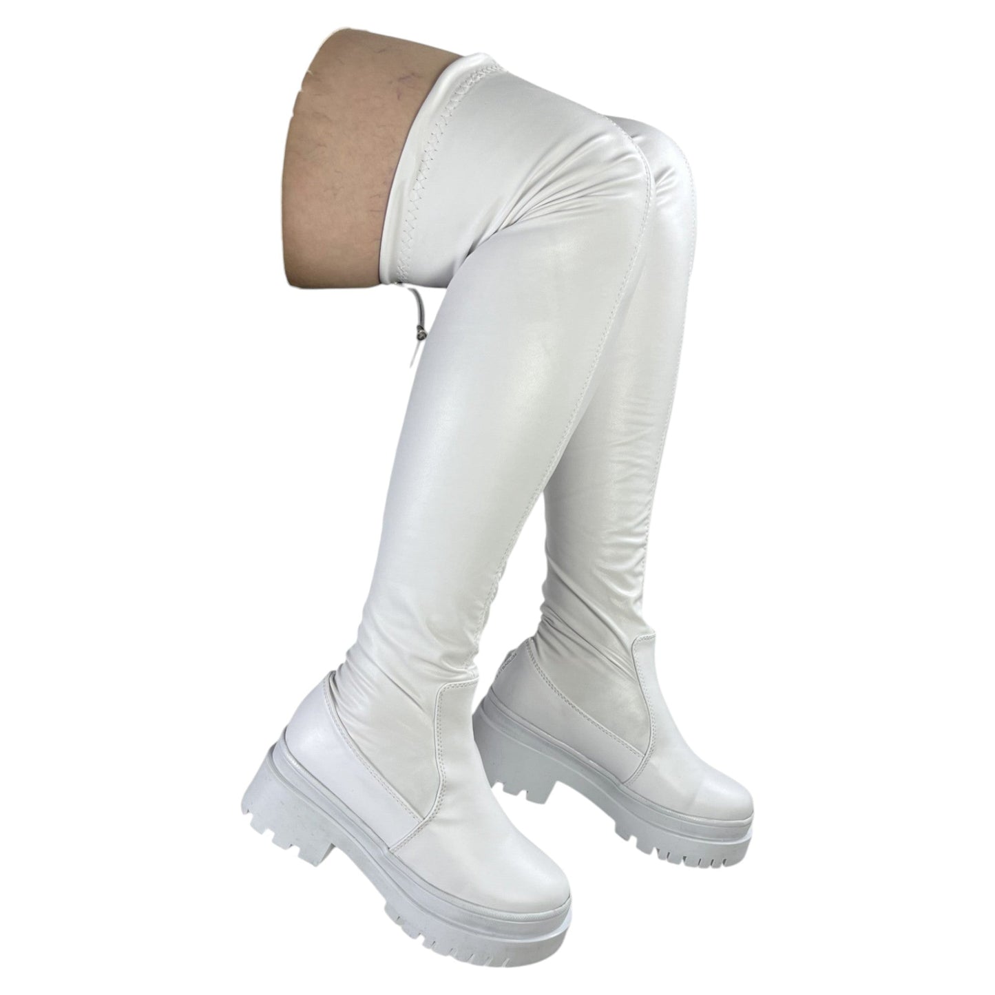 Bota plataforma mujer caña alta stresh blanco base cuero – Ref. Celeste Strong