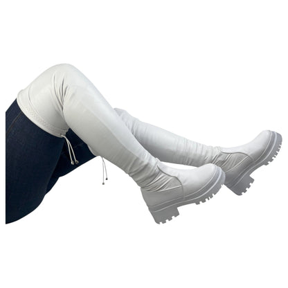 Bota plataforma mujer caña alta stresh blanco base cuero – Ref. Celeste Strong