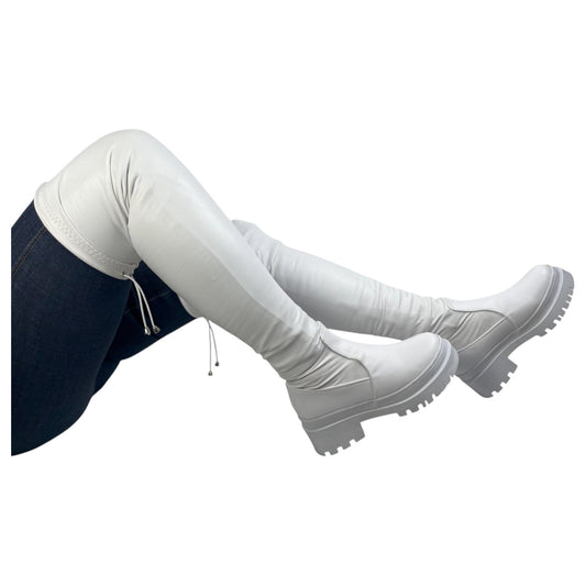 Bota plataforma mujer caña alta stresh blanco base cuero – Ref. Celeste Strong