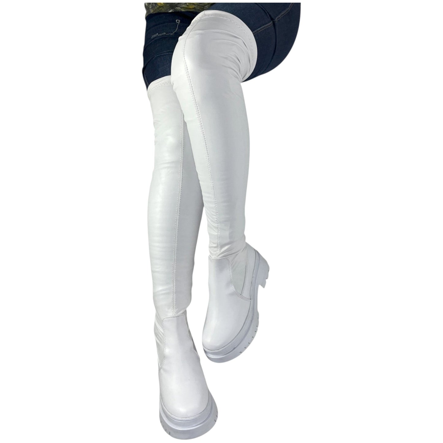 Bota plataforma mujer caña alta stresh blanco base cuero – Ref. Celeste Strong