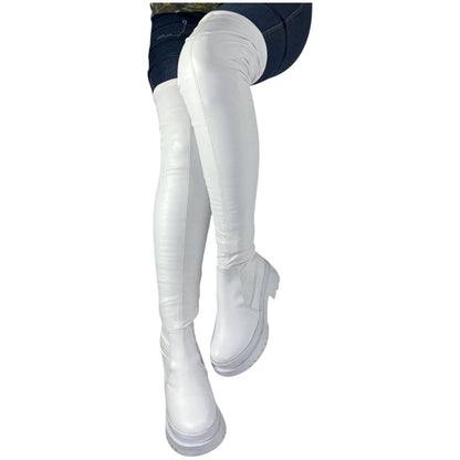 Bota plataforma mujer caña alta stresh blanco base cuero – Ref. Celeste Strong