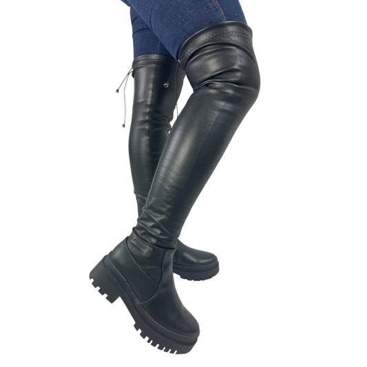 Bota plataforma mujer caña alta stresh negro base cuero – Ref. Celeste Strong