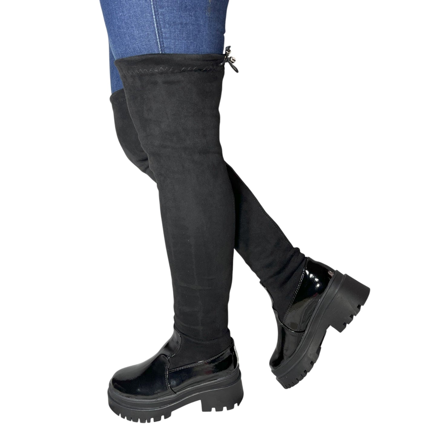 Bota plataforma mujer caña alta stresh gamuza con charol negra – Ref. Celeste Strong